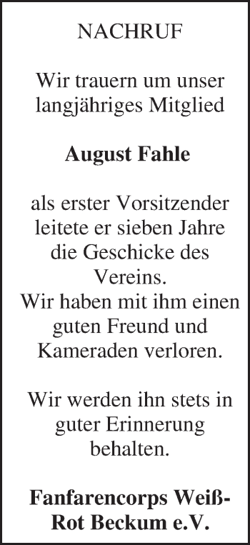 Traueranzeige von August Fahle von Die Glocke