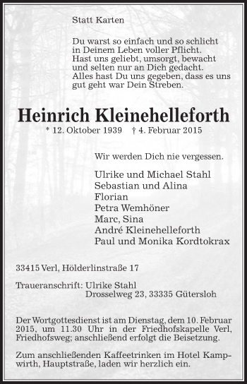 Traueranzeige von Heinrich Kleinehelleforth von Die Glocke