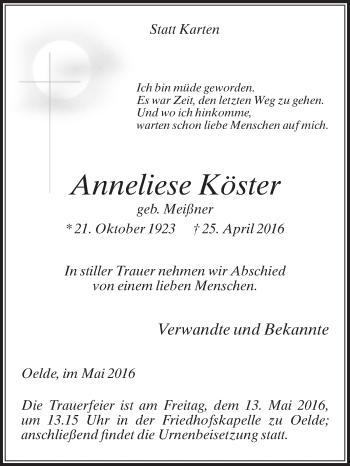 Traueranzeige von Anneliese Köster von Die Glocke