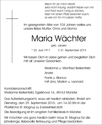 Traueranzeige von Maria Wächter von Die Glocke