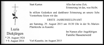 Traueranzeige von Luzia Diekjürgen von Die Glocke