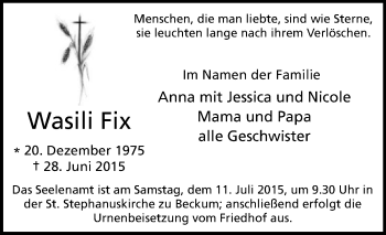 Traueranzeige von Wasili Fix von Die Glocke