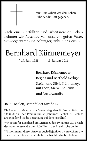 Traueranzeige von Bernhard Künnemeyer von Die Glocke