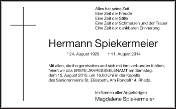 Traueranzeige von Hermann Spiekermeier von Die Glocke
