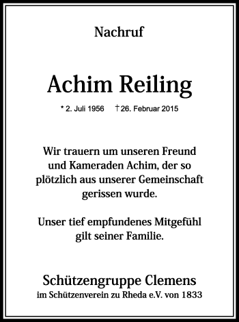 Traueranzeige von Achim Reiling von Die Glocke