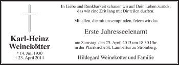 Traueranzeige von Karl-Heinz Weinekötter von Die Glocke