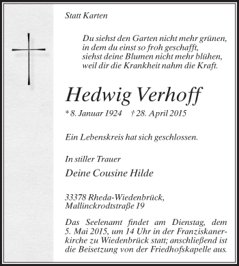 Traueranzeige von Hedwig Verhoff von Die Glocke