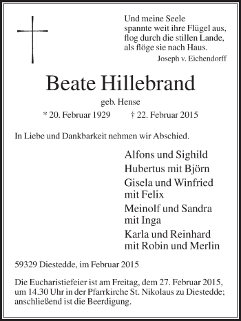 Traueranzeige von Beate Hillebrand von Die Glocke