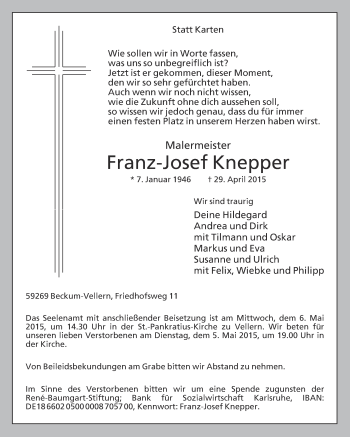 Traueranzeige von Franz-Josef Knepper von Die Glocke