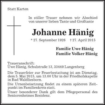 Traueranzeige von Johanne Hänig von Die Glocke