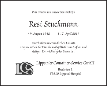 Traueranzeige von Resi Stuckmann von Die Glocke