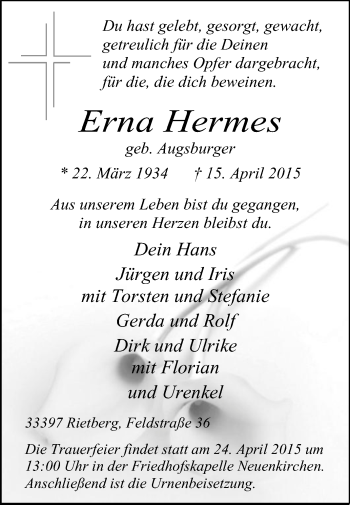 Traueranzeige von Erna Hermes von Die Glocke