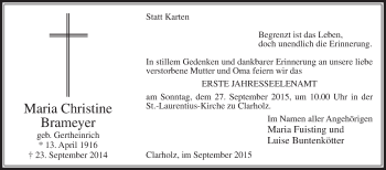 Traueranzeige von Maria Christine Brameyer von Die Glocke