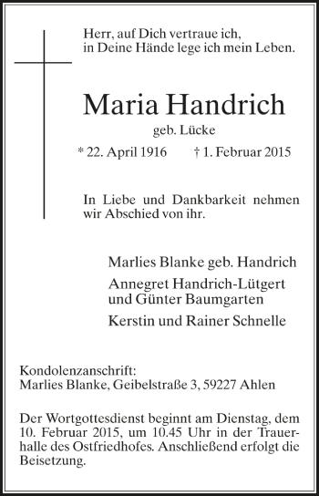 Traueranzeige von Maria Handrich von Glocke Trauer