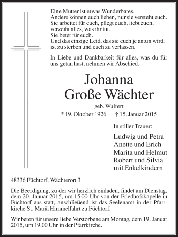 Traueranzeige von Johanna Große Wächter von Die Glocke