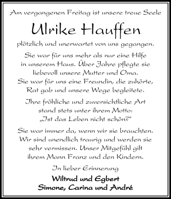 Traueranzeige von Ulrike Hauffen von Die Glocke