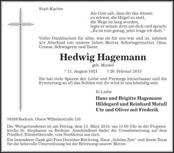 Traueranzeigen von Hedwig Hagemann | trauer.die-glocke.de