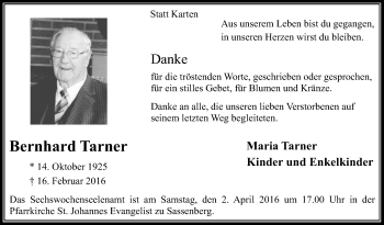 Traueranzeige von Bernhard Tarner von Die Glocke