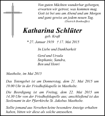 Traueranzeige von Katharina Schlüter von Die Glocke
