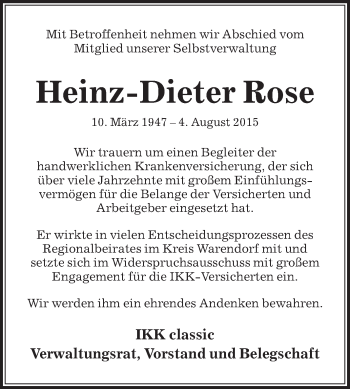 Traueranzeige von Heinz-Dieter Rose von Die Glocke