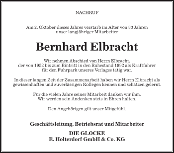 Traueranzeige von Bernhard Elbracht von Die Glocke
