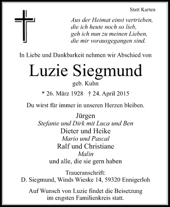 Traueranzeige von Luzie Siegmund von Die Glocke