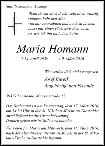 Traueranzeige von Maria Homann von Die Glocke