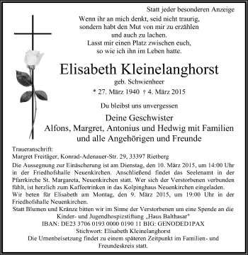 Traueranzeige von Elisabeth Kleinelanghorst von Die Glocke