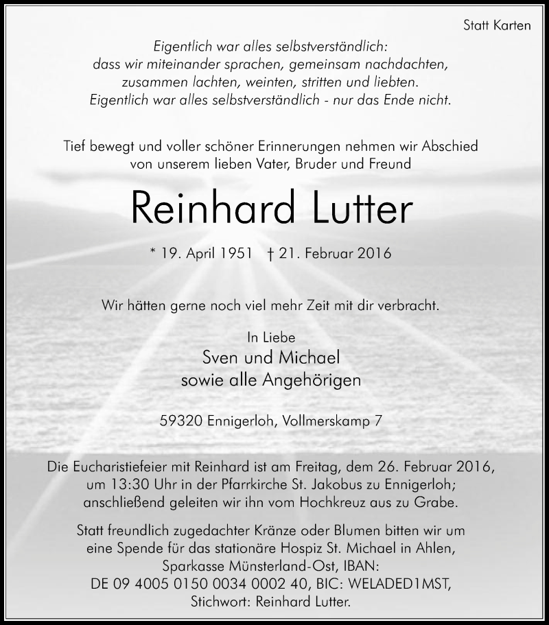  Traueranzeige für Reinhard Lutter vom 23.02.2016 aus Die Glocke