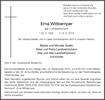 Traueranzeige von Erna Wittkemper von Die Glocke