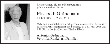 Traueranzeige von Elisabeth Grünebaum von Die Glocke