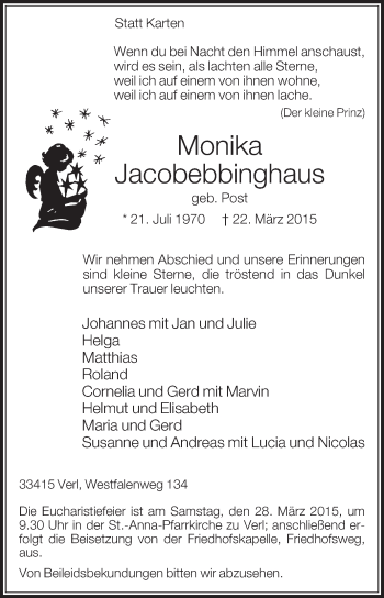 Traueranzeige von Monika Jacobebbinghaus von Die Glocke