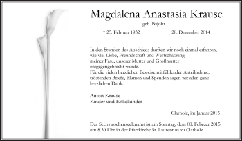 Traueranzeige von Magdalena Anastasia Krause von Die Glocke