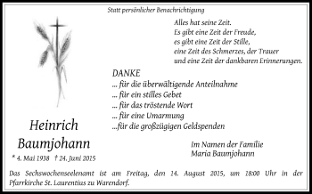 Traueranzeige von Heinrich Baumjohann von Die Glocke
