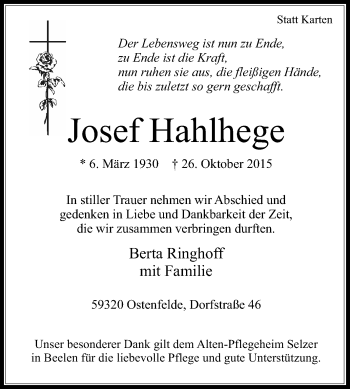 Traueranzeige von Josef Hahlhege von Die Glocke