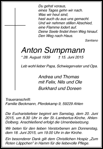 Traueranzeige von Anton Sumpmann von Die Glocke