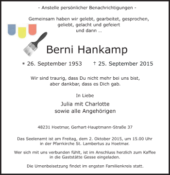 Traueranzeige von Berni Hankamp von Die Glocke