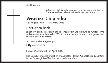 Traueranzeige von Werner Cimander von Die Glocke
