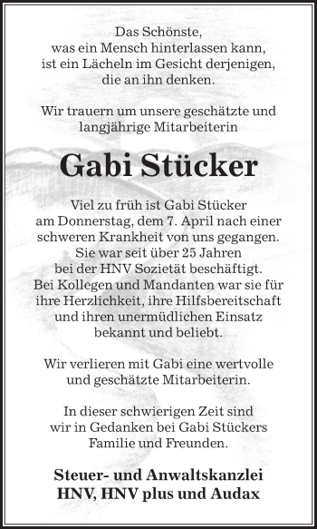 Traueranzeige von Gabi Stücker von Die Glocke