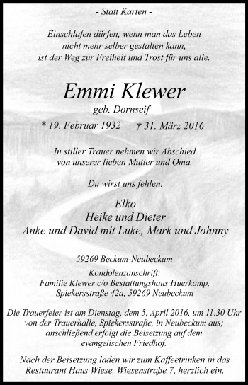 Traueranzeige von Emmi Klewer von Die Glocke