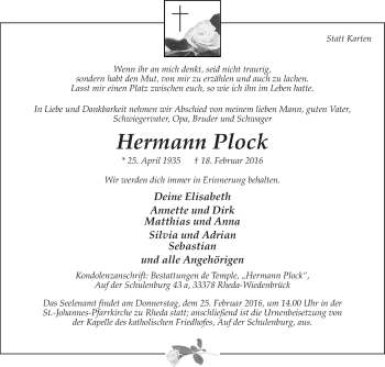 Traueranzeige von Hermann Plock von Die Glocke