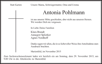 Traueranzeige von Antonia Pohlmann von Die Glocke