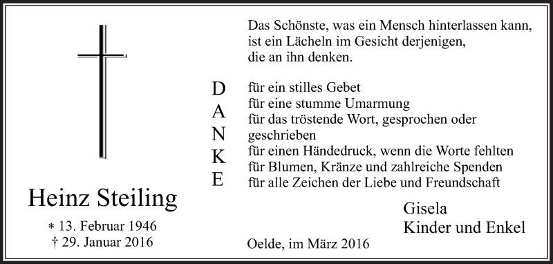  Traueranzeige für Heinz Steiling vom 05.03.2016 aus Die Glocke