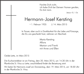 Traueranzeige von Hermann-Josef Kersting von Die Glocke