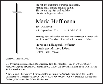 Traueranzeige von Maria Hoffmann von Die Glocke