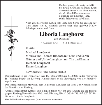 Traueranzeige von Liboria Langhorst von Die Glocke