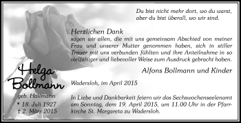 Traueranzeige von Helga Bollmann von Die Glocke