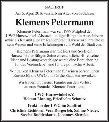 Traueranzeige von Klemens Petermann von Die Glocke