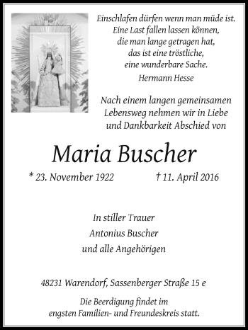 Traueranzeige von Maria Buscher von Die Glocke