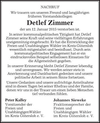Traueranzeige von Detlef Zimmer von Die Glocke